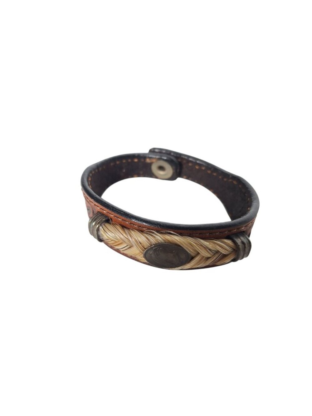 Western Braided Horse Hair Leather Cuff Bracelet Horse Head Concho Snap BOHO 7"